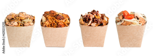 set of 3 different wok in a cardboard box. Asian fast food stir fry noodle with different ingredients. Wok to walk. Delicious wok noodles box container. chinese and asian takeaway fast food.
