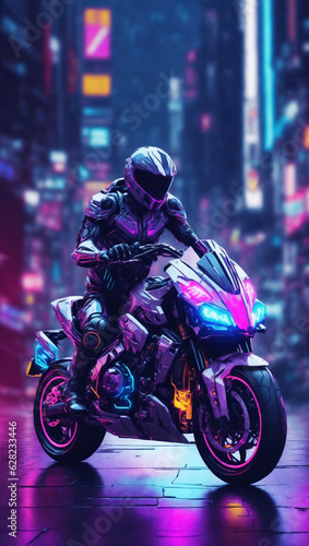 MOTORBIKE cyberpunk MOTORCYCLE ON THE ROAD road to the mountain neons Side view of motorbike