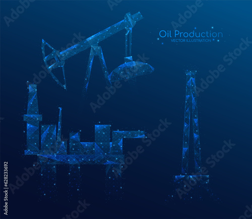 Oil fields concept. Oil drilling derricks at desert oilfield for fossil fuels. Low poly wireframe vector illustration EPS10.