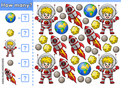 Counting game for children. Kids math game. How many space objects. Count cartoon astronauts, rockets, Moons, planets Earth and Mercury. Educational puzzle for preschool and school education. Vector.
