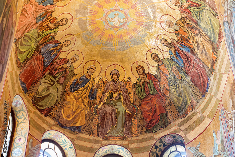 The descent of the Holy Spirit on the apostles. Mosaic