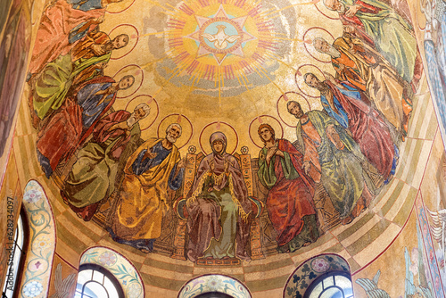 The descent of the Holy Spirit on the apostles. Mosaic