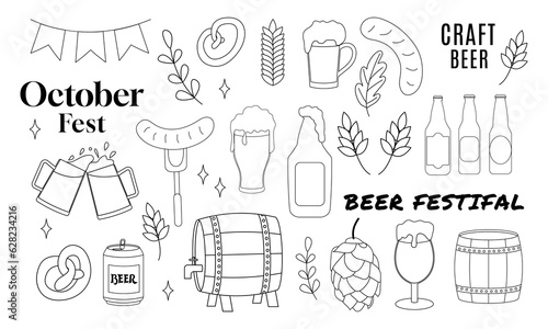 Beer Set hand-drawn Outline Doodles Vector Illustration with lettering