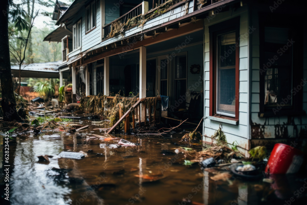abandoned and flooded houses after the tsunami flood generative ai