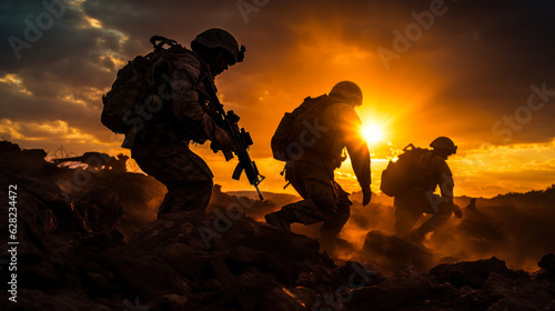 Foto military soldiers move into position, war forces generative ai