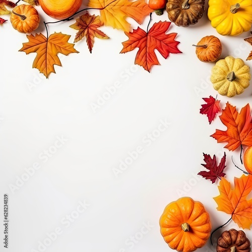 Autumn colorful leaves and orange pumpkins on wite background. Season template with autumn leaves and copy space Generative AI