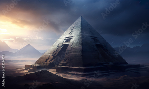 Mysterious pyramid illustration in mystical landscape of ancient civilization. Great mysterious pyramid against sunset. Ancient pyramid-shaped tomb of the sentinels of the past. Generative AI