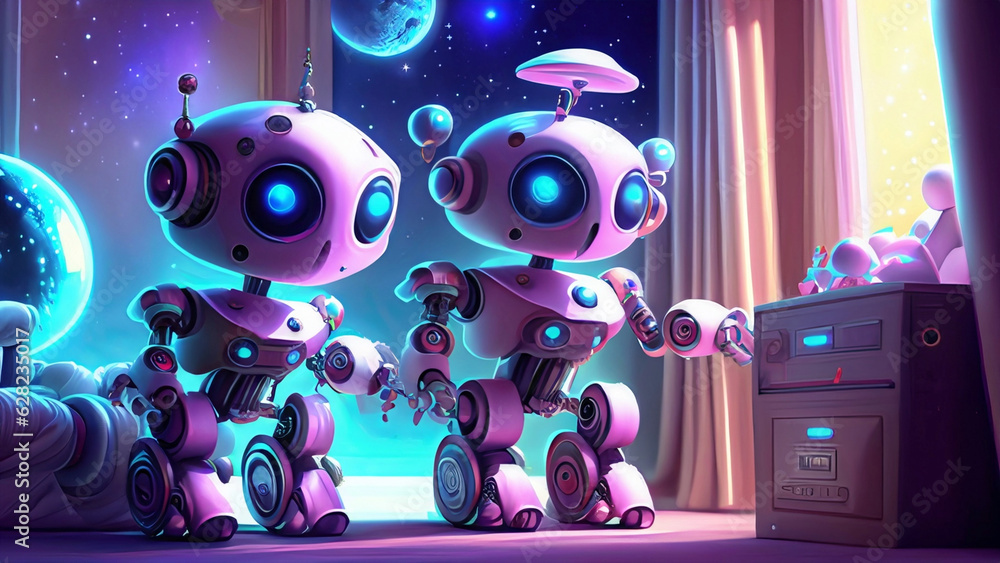Fototapeta premium Two cute little robots in a ship