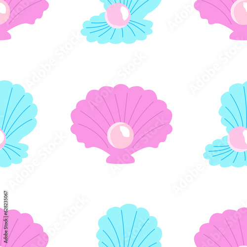 Seamless pattern with cute pearl shells. Vector flat mermaid background