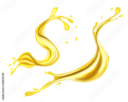 Orange, lemon juice or oil splashes, liquid yellow drink streams with drops. Vector realistic liquid waves of falling and flowing beer, orange, mango or lemon juice, oil, soda or honey