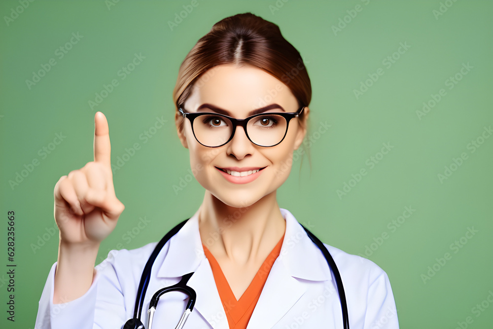 Woman doctor wears glasses and uniform. Finger pointing up, generative ai
