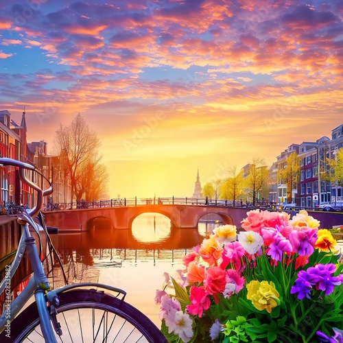 Beautiful sunrise over Amsterdam, The Netherlands, with flowers and bicycles on the bridge in spring photo