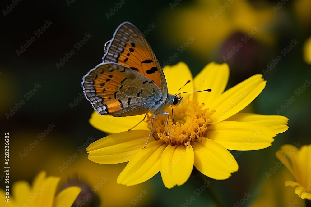 Illustration of a butterfly perched on a vibrant yellow flower created using generative AI Illustration of a butterfly perched on a vibrant yellow flower created using generative AI