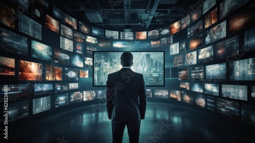 multimedia information concept, business man stands watching on the wall full of screens, ai tools generated image