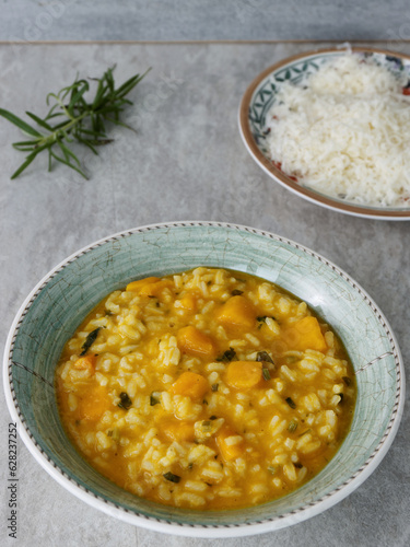 Risotto with pumpkin vegetable dish. Italian vegetarian cuisine.