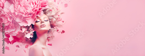 Abstract woman portrait with flowers over head on pink background, fantasy in style Barbie Pink. Concept of environmental friendliness and naturalness of cosmetic products. Banner. Generative Ai.