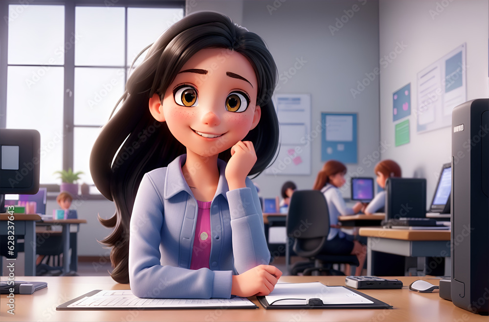 Smiling girl sitting in a classroom at a lesson, 3d illustration, AI ...