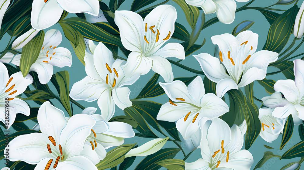Obraz premium white and lily pattern background. generated ai.