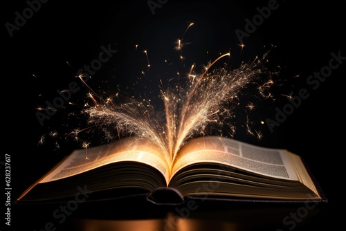 A magical book on a dark background with light and sparks, the Bible. Illustration, AI generation