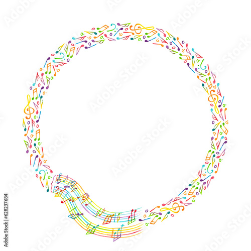 A wreath of watercolor isolated illustrations of notes, a treble clef, a bass clef and a melody made in rainbow colors 