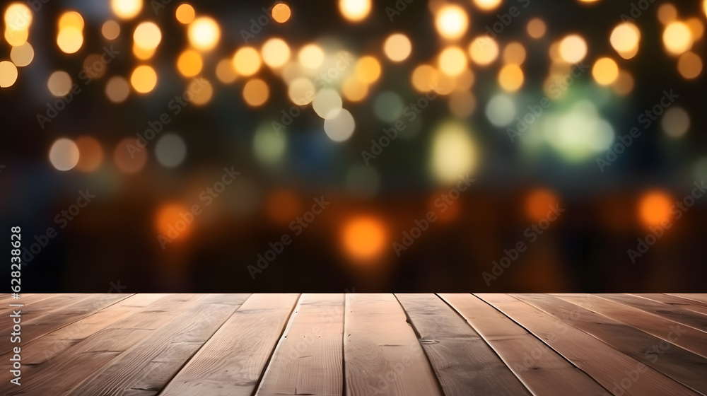 Empty wooden table and bokeh lights blurred outdoor cafe background. High quality photo