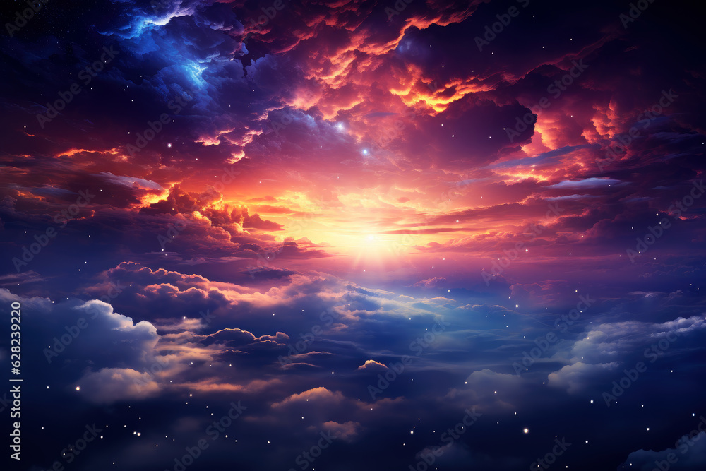 Space sky with stars and pink clouds, futuristic abstract background
