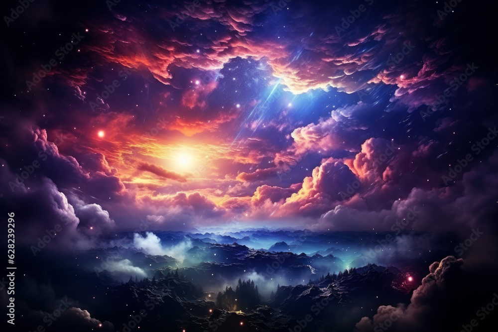Space sky with stars and pink clouds, futuristic abstract background Space sky with stars and pink clouds, futuristic abstract background