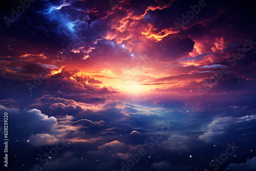 Space sky with stars and pink clouds, futuristic abstract background