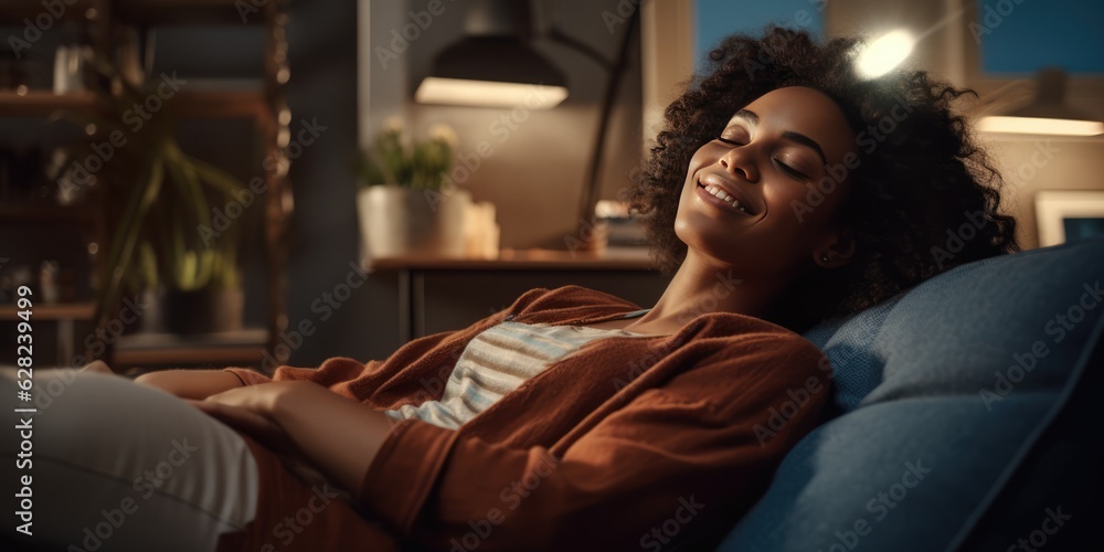 Young woman African American relaxing on sofa at home, breathing fresh air, sleeping resting, enjoying peaceful leisure time at home, generative ai Young woman African American relaxing on sofa at home, breathing fresh air, sleeping resting, enjoying peaceful leisure time at home, generative ai