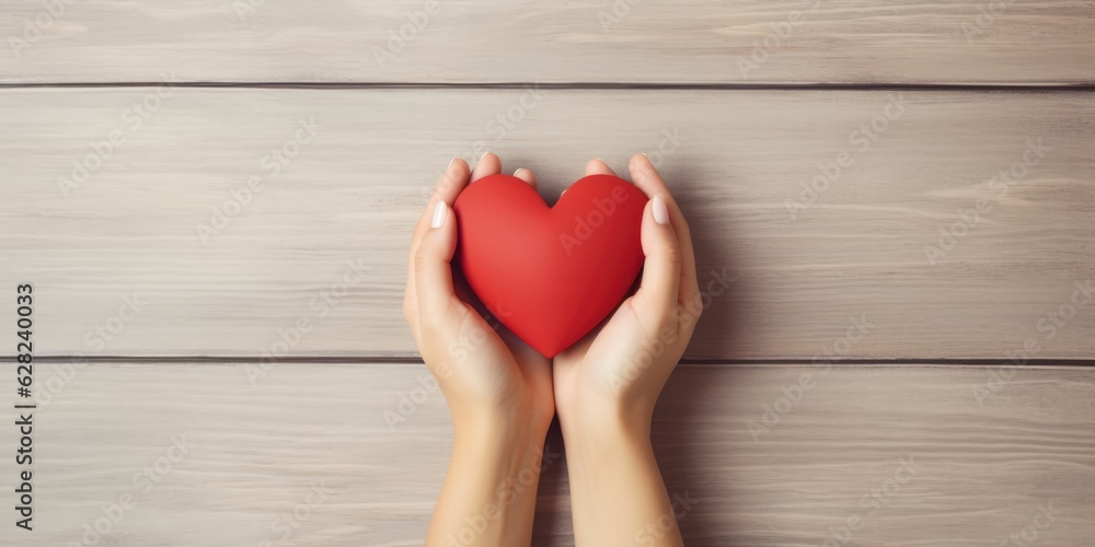 Young women hands holding red heart on wood background, health care, donate and family insurance concept, world heart day, world health day, CSR responsibility, adoption foster family, generative ai Young women hands holding red heart on wood background, health care, donate and family insurance concept, world heart day, world health day, CSR responsibility, adoption foster family, generative ai