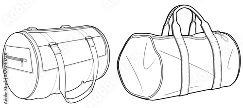 Set of Duffel bag flat sketch fashion illustration drawing template mock up, Sport duffle bag cad drawing. barrel bag flat sketch vector