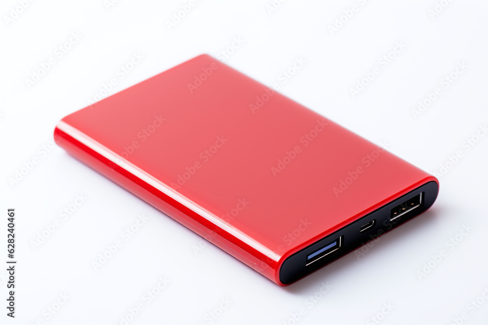 red powerbank on a light solid background red powerbank on a light solid background