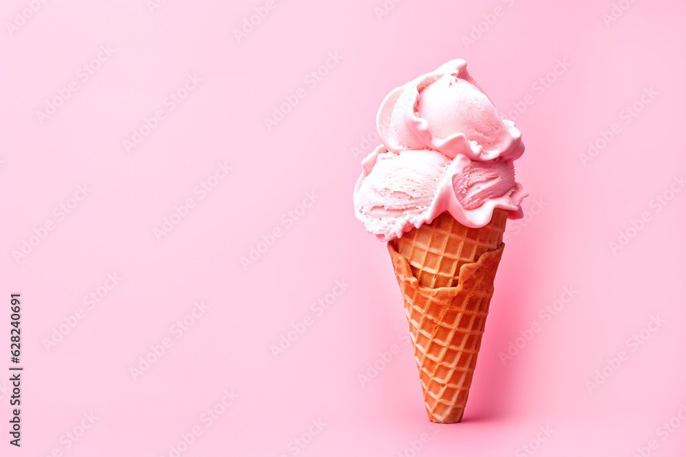 Pink ice cream in a waffle cone on pink background, inspired by trendy color in style of Barbie pink. Generative AI content.