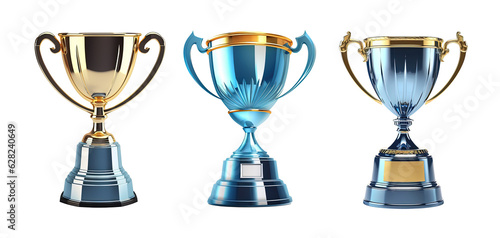Generative AI, PNG Winner trophy, set of blue golden champion cups