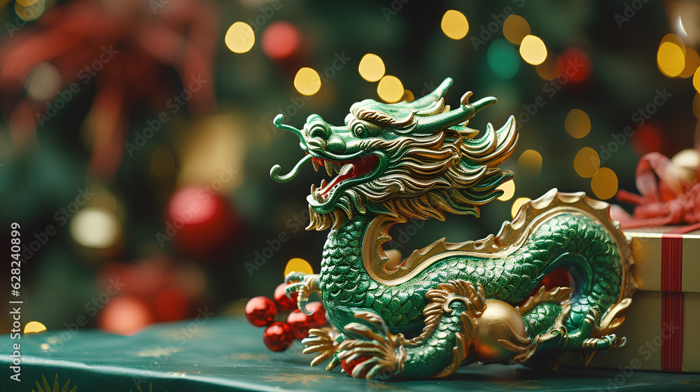 Fototapeta premium Green dragon statue symbol of 2024 year and christmass gift boxes on bokeh background,copy space.Generated by AI.