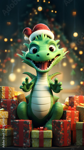 Cartoon 3D smiling happy green dragon symbol of 2024 year with Santa hat and christmass gift boxes on bokeh background,copy space.vertical photo.Generated by AI.