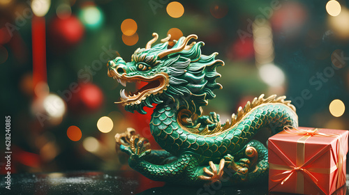 Green dragon statue symbol of 2024 year with christmass gift boxes on bokeh background,copy space.Generated by AI.