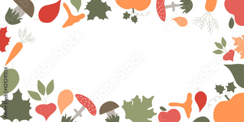 Autumn Flat and Linear frame with mushrooms, harvest and Fall. Vector illustration with Copy space, Seasonal border with Pupmkin, Leaves, Carrot. Design element for Poster, Banner, Card. 