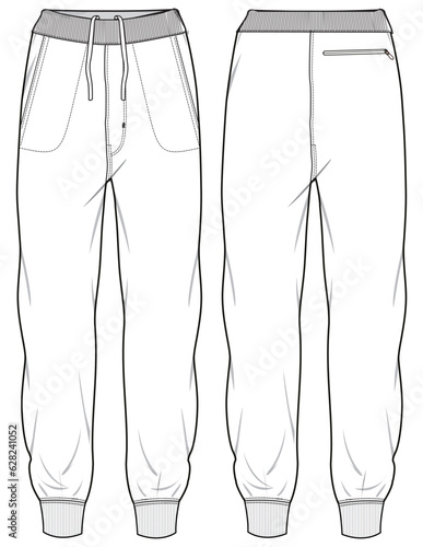 Men's Jogger bottom front and back view flat sketch fashion illustration, Knitted track pants vector template, Sweatpants design