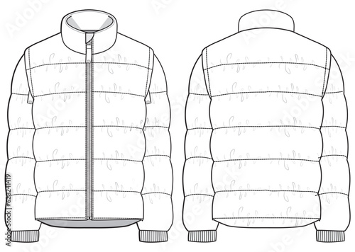 Puffer jacket design flat sketch Illustration front and back view vector template, Quilted  Puffa winter Jacket for men and women