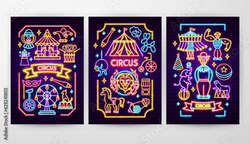 Circus Flyer Concepts. Vector Illustration of Entertainment Festival Glowing Posters.