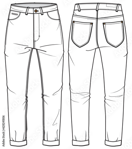 Men's denim jeans trouser pants front and back view flat sketch fashion illustration, five pockets denim pants vector template