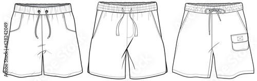 Men's shorts flat sketch fashion illustration front and back view, jogger short illustration drawing vector template