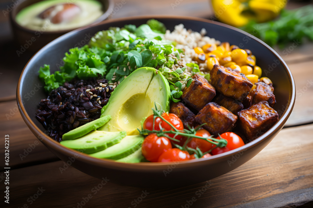 Vegan bowl with vegetables and fruits Vegan bowl with vegetables and fruits