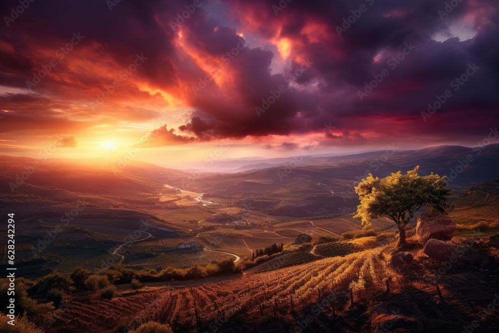 Obraz premium The golden rays of the setting sun envelope the landscape, painting the sky with hues of orange, pink, ai generated.