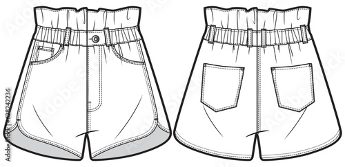 Womens paper bag waist pull on denim shorts front and back view flat sketch fashion illustration