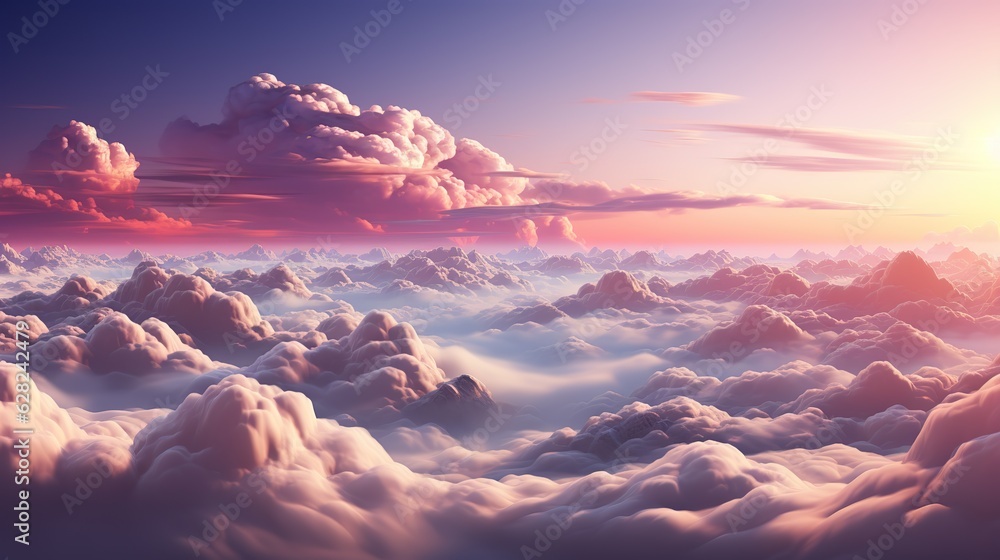 AI Generated. AI Generative. Sky clouds air drone view soft pink color background landscape. Adventure trip travel outdoor fly. Graphic Illustration