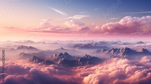 AI Generated. AI Generative. Sky clouds air drone view soft pink color background landscape. Adventure trip travel outdoor fly. Graphic Illustration © AkimD