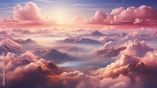 AI Generated. AI Generative. Sky clouds air drone view soft pink color background landscape. Adventure trip travel outdoor fly. Graphic Illustration