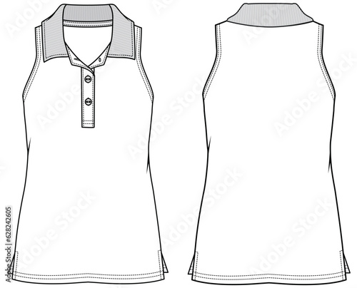 Women's sleeveless polo collar Tank top vest flat sketch fashion illustration drawing template mock up with front and back view